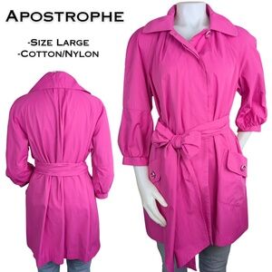 Apostrophe Fuschia Trenchcoat Raincoat Chic Mid-Length 3/4 Puff Sleeve Sz Large